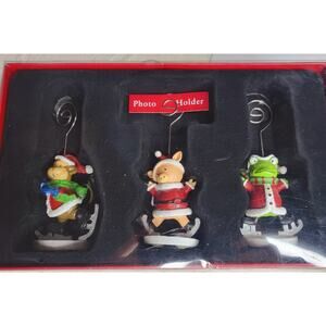 New Open Box St.Nicholas Square Photo Holders 3 Monkey Pig Frog Christmas